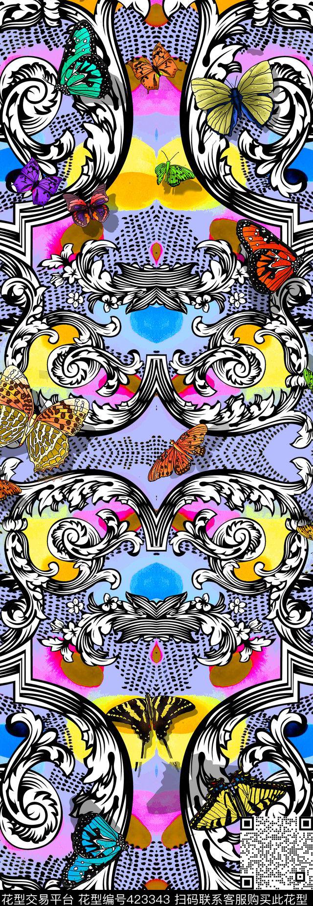 复古蝴蝶欧式花纹数码印花华亿平台下载（图片编号: 423343） - 瓦栏（Walan）