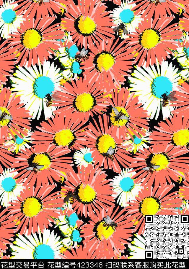 花卉蜜蜂菊花优雅清新传统印花华亿平台下载（图片编号: 423346） - 瓦栏（Walan）