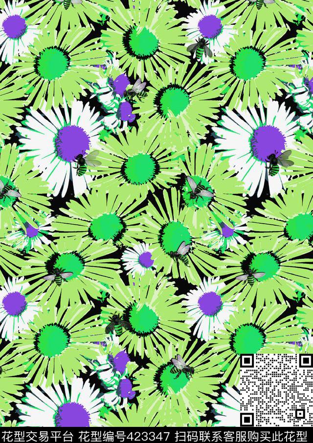 优雅清新花卉蜜蜂菊花传统印花华亿平台下载（图片编号: 423347） - 瓦栏（Walan）