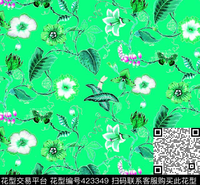 纯绿底色蝴蝶植物花卉数码印花华亿平台下载（图片编号: 423349） - 瓦栏（Walan）