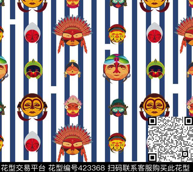 脸谱条纹民族数码印花华亿平台下载（图片编号: 423368） - 瓦栏（Walan）