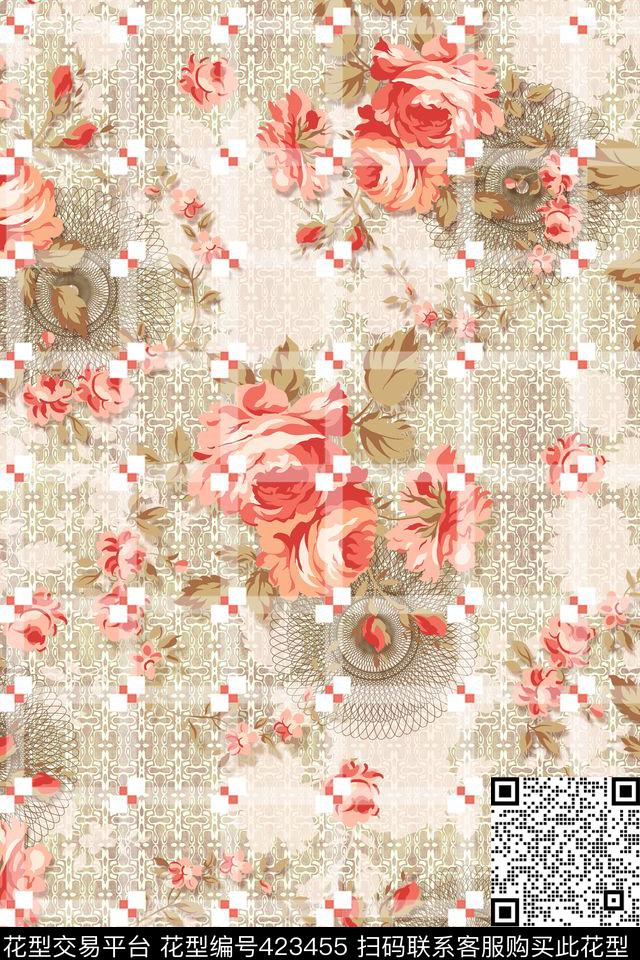 复古花卉几何传统印花华亿平台下载（图片编号: 423455） - 瓦栏（Walan）