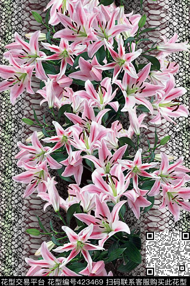 蛇纹百合花动物纹数码印花华亿平台下载（图片编号: 423469） - 瓦栏（Walan）