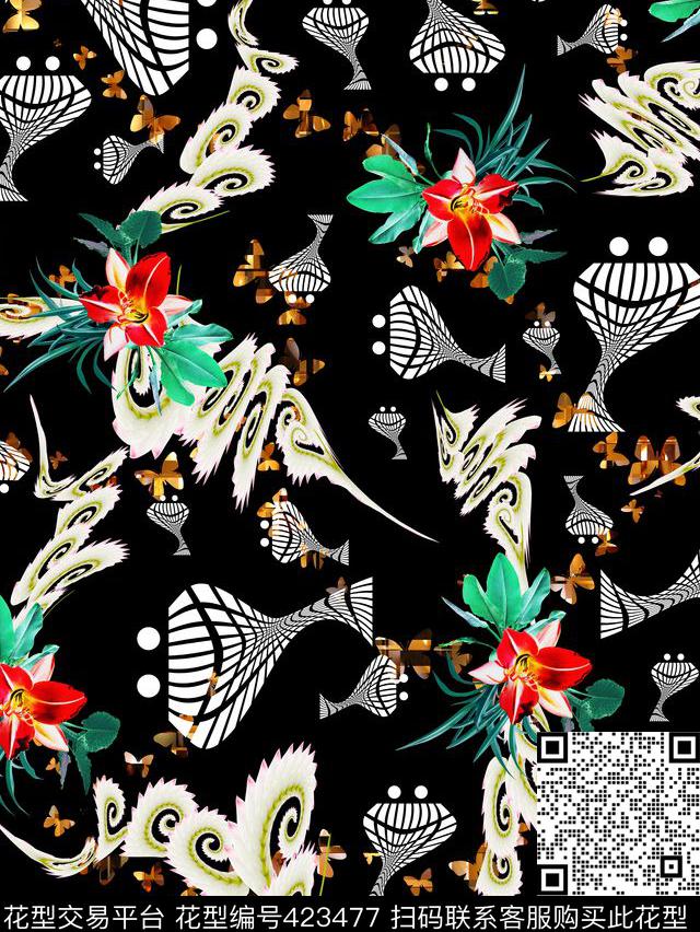抽象花欧美数码印花华亿平台下载（图片编号: 423477） - 瓦栏（Walan）