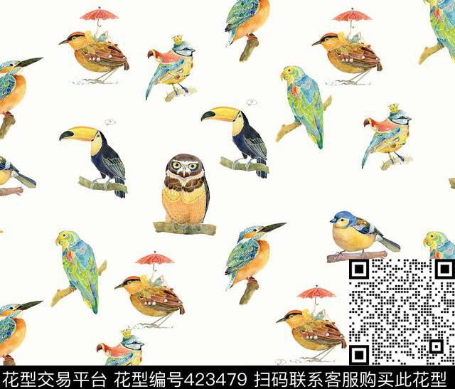 简约鸟手绘数码印花华亿平台下载（图片编号: 423479） - 瓦栏（Walan）