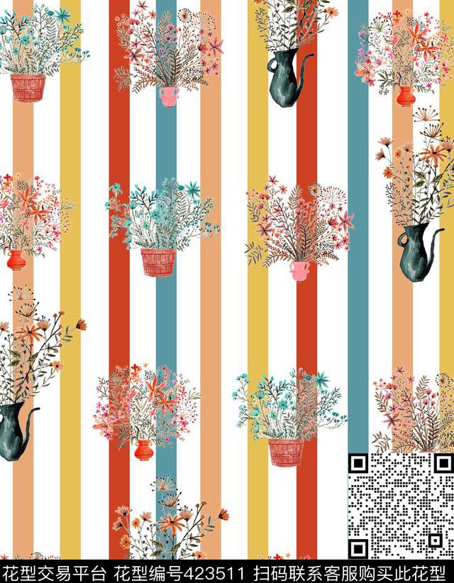 花卉条纹花瓶数码印花华亿平台下载（图片编号: 423511） - 瓦栏（Walan）