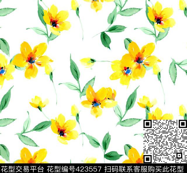 简约明亮手绘小花数码印花华亿平台下载（图片编号: 423557） - 瓦栏（Walan）