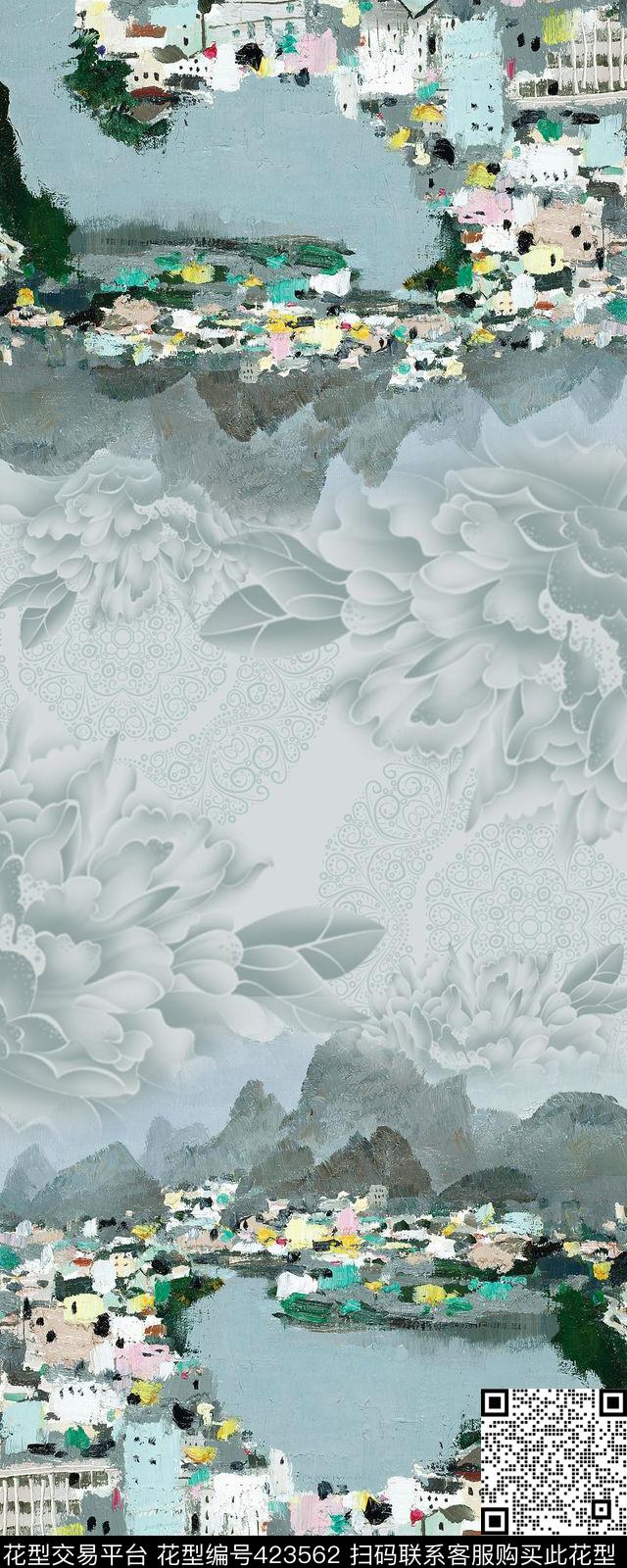 牡丹油画江南水乡数码印花华亿平台下载（图片编号: 423562） - 瓦栏（Walan）