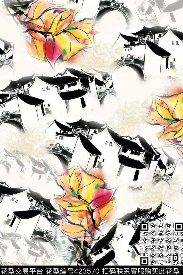 中国风江南水乡水墨传统印花华亿平台下载（图片编号: 423570） - 瓦栏（Walan）