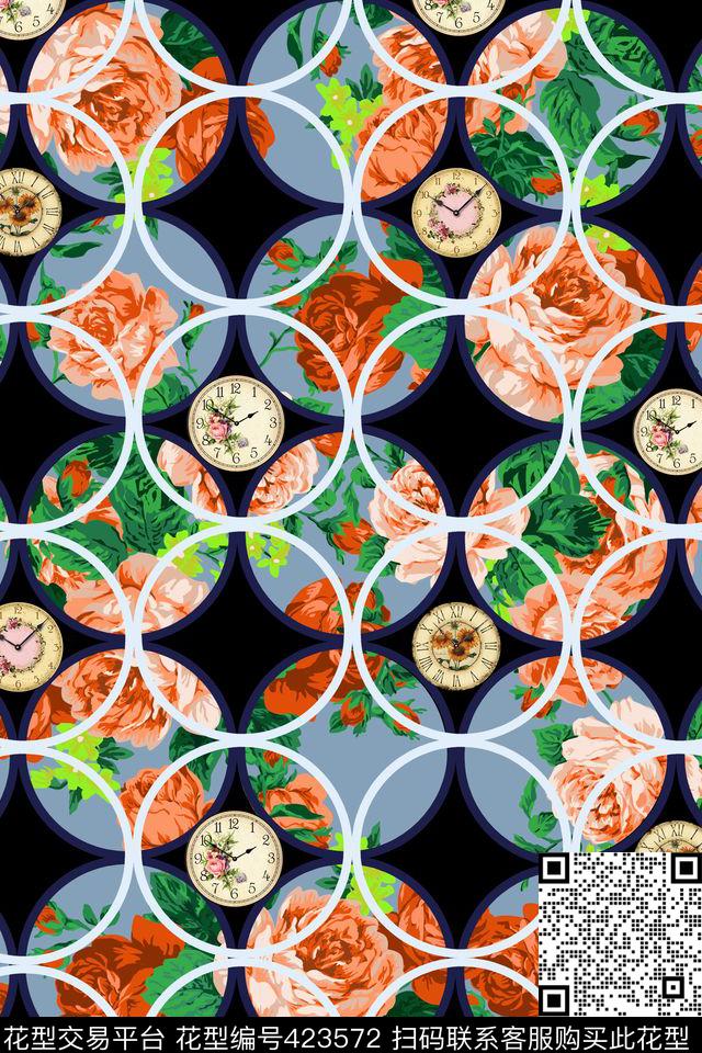 花卉圆形时钟时尚F-S服装（花卉）数码印花华亿平台下载（图片编号: 423572） - 瓦栏（Walan）