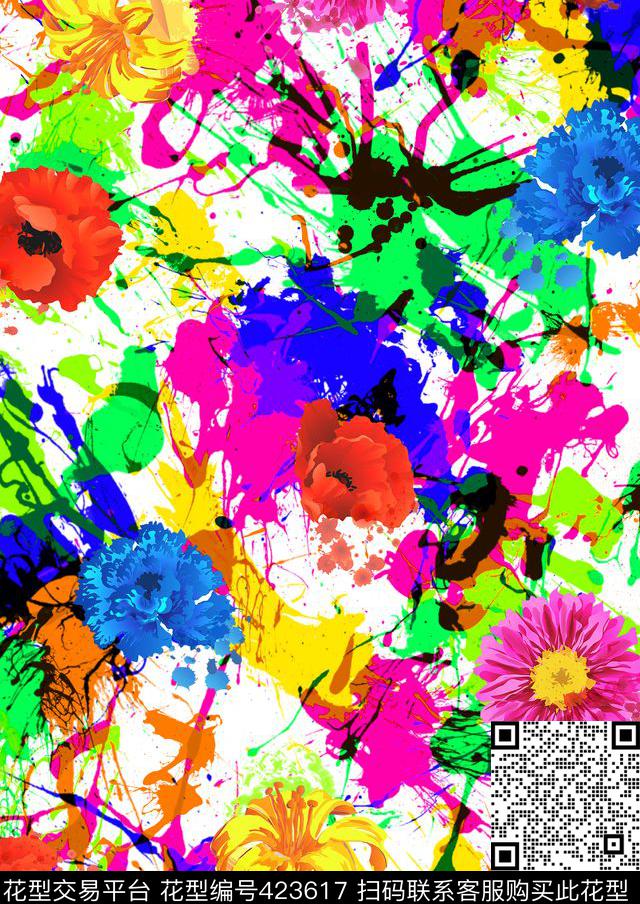 笔触花卉墨点数码印花华亿平台下载（图片编号: 423617） - 瓦栏（Walan）