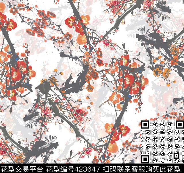 花卉流行时尚水墨画数码印花华亿平台下载（图片编号: 423647） - 瓦栏（Walan）