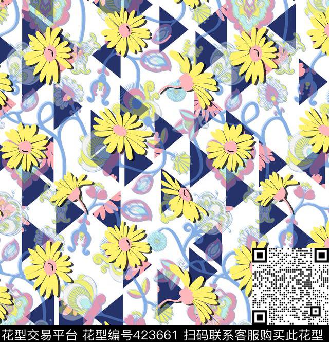 雏菊藤蔓三角几何叠加错位3d清新田园现代数码印花华亿平台下载（图片编号: 423661） - 瓦栏（Walan）