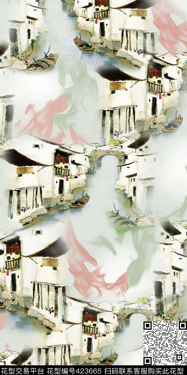 复古江南水乡油画数码印花华亿平台下载（图片编号: 423665） - 瓦栏（Walan）