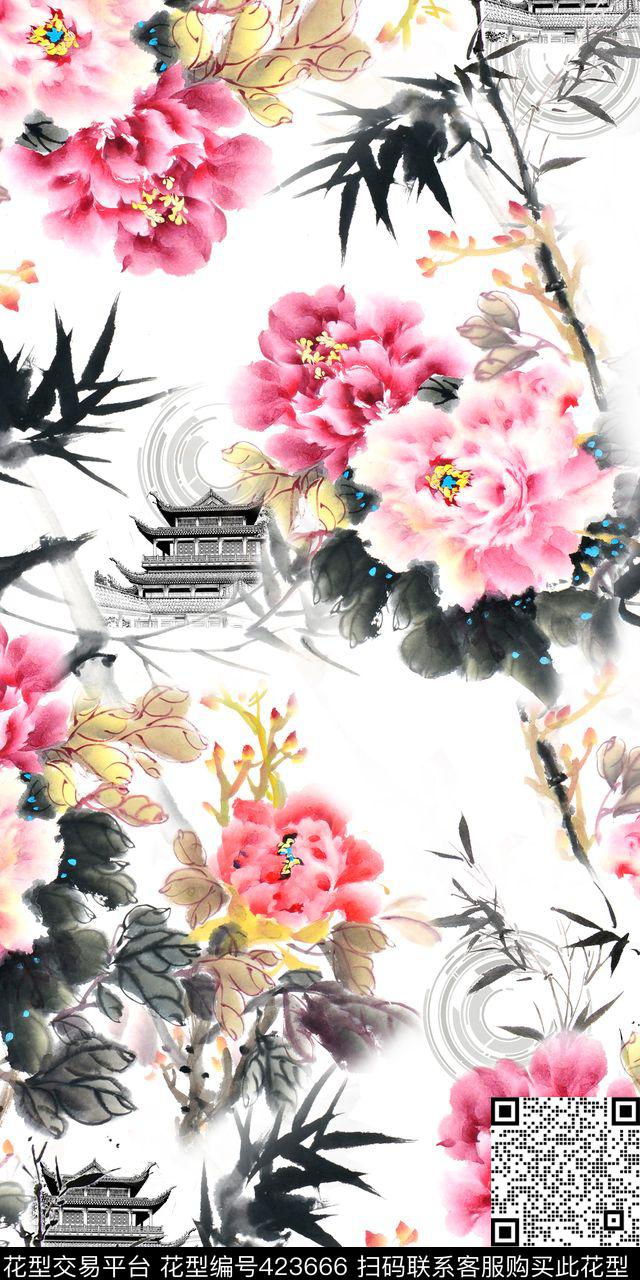 中国风国画牡丹建筑传统印花华亿平台下载（图片编号: 423666） - 瓦栏（Walan）