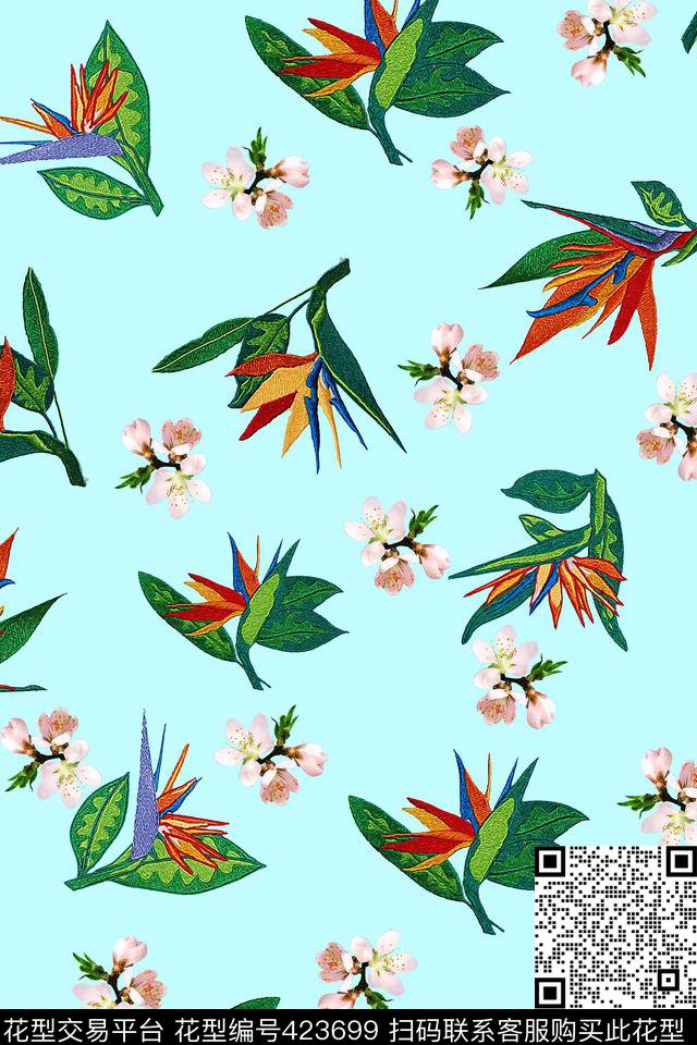 桃花小清新叶子数码印花华亿平台下载（图片编号: 423699） - 瓦栏（Walan）