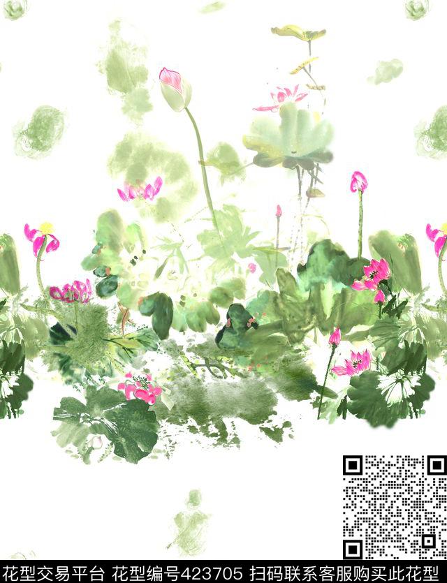 荷花水墨国画中国风荷塘月色中国风古典数码印花华亿平台下载（图片编号: 423705） - 瓦栏（Walan）