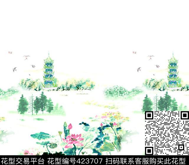 荷花水墨国画中国风荷塘月色中国风古典数码印花华亿平台下载（图片编号: 423707） - 瓦栏（Walan）