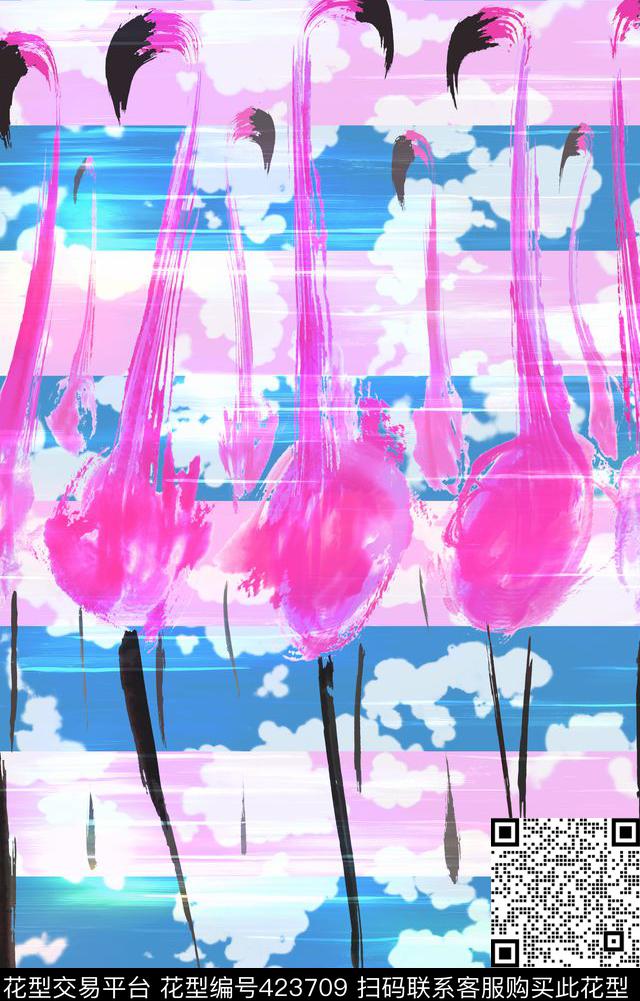 现代趣味火烈鸟水墨水彩云朵叠加条格数码印花华亿平台下载（图片编号: 423709） - 瓦栏（Walan）