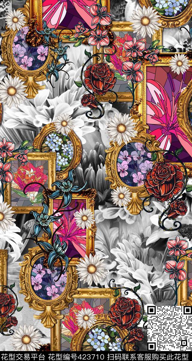 相框花卉黑白数码印花华亿平台下载（图片编号: 423710） - 瓦栏（Walan）