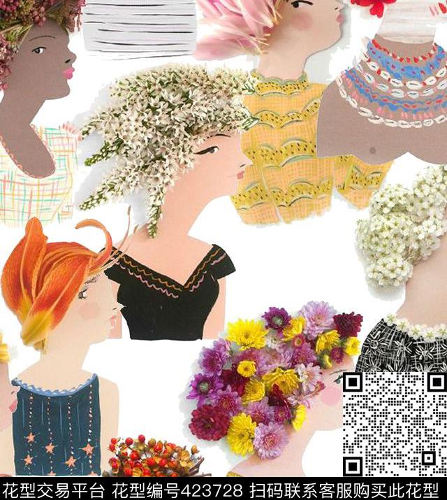 花卉插画女人数码印花华亿平台下载（图片编号: 423728） - 瓦栏（Walan）