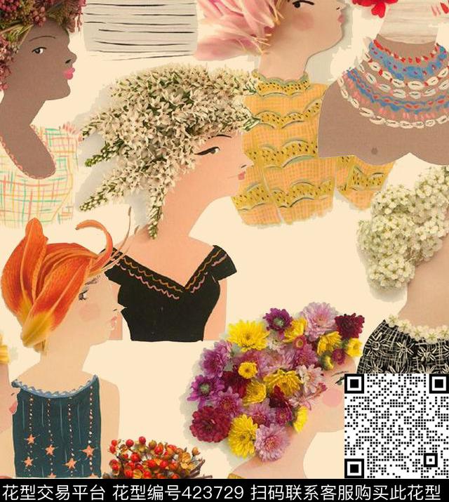 花卉插画女人数码印花华亿平台下载（图片编号: 423729） - 瓦栏（Walan）