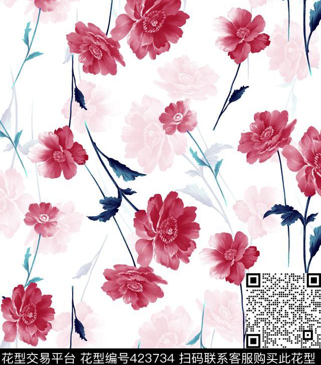 红色花简约时尚手绘数码印花华亿平台下载（图片编号: 423734） - 瓦栏（Walan）