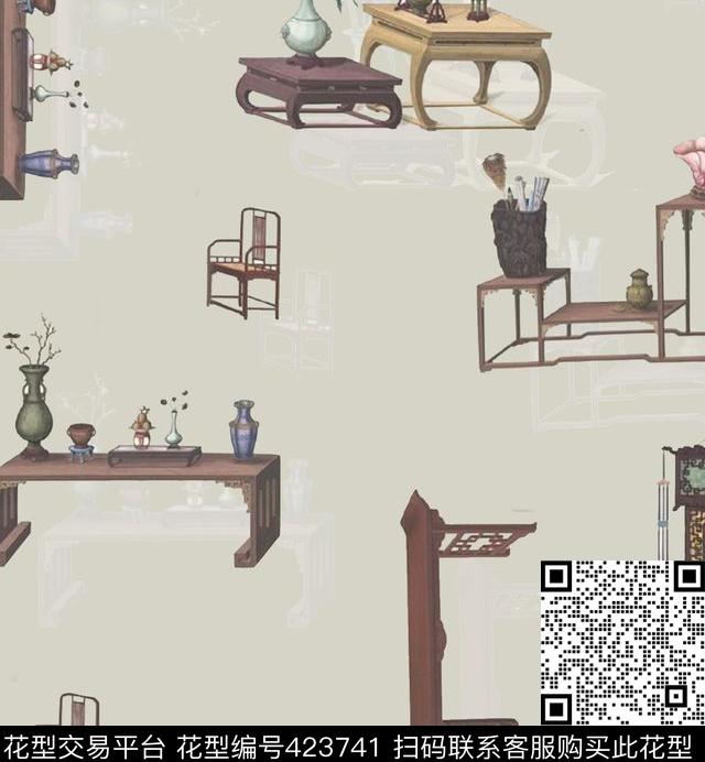 简约桌椅古典数码印花华亿平台下载（图片编号: 423741） - 瓦栏（Walan）