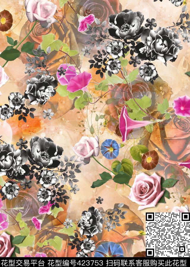 抽象花卉肌理底数码印花华亿平台下载（图片编号: 423753） - 瓦栏（Walan）