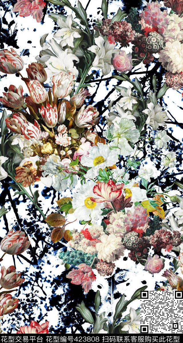 服装黑白花卉数码印花华亿平台下载（图片编号: 423808） - 瓦栏（Walan）