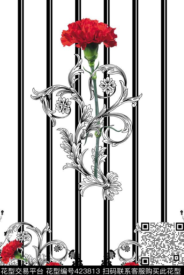 红花花纹康乃馨传统印花华亿平台下载（图片编号: 423813） - 瓦栏（Walan）