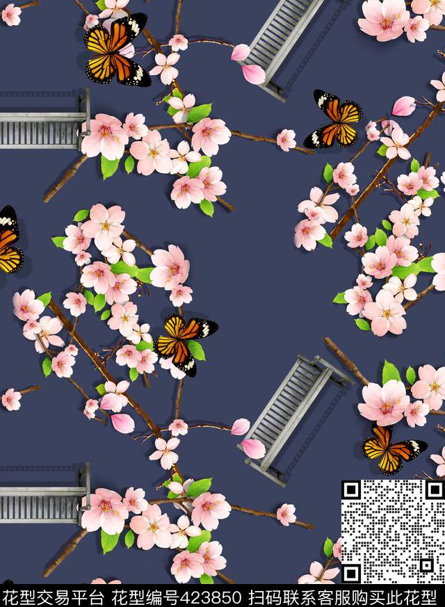 蝴蝶花卉流行时尚数码印花华亿平台下载（图片编号: 423850） - 瓦栏（Walan）