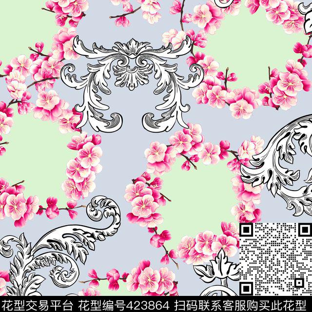 小清新桃花环羽叶数码印花华亿平台下载（图片编号: 423864） - 瓦栏（Walan）