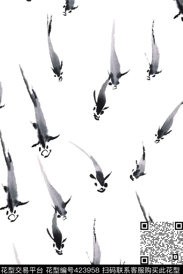 淡雅水墨鱼画传统印花华亿平台下载（图片编号: 423958） - 瓦栏（Walan）