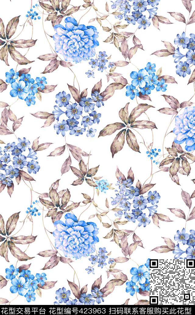 花卉流行时尚时尚水彩数码印花华亿平台下载（图片编号: 423963） - 瓦栏（Walan）