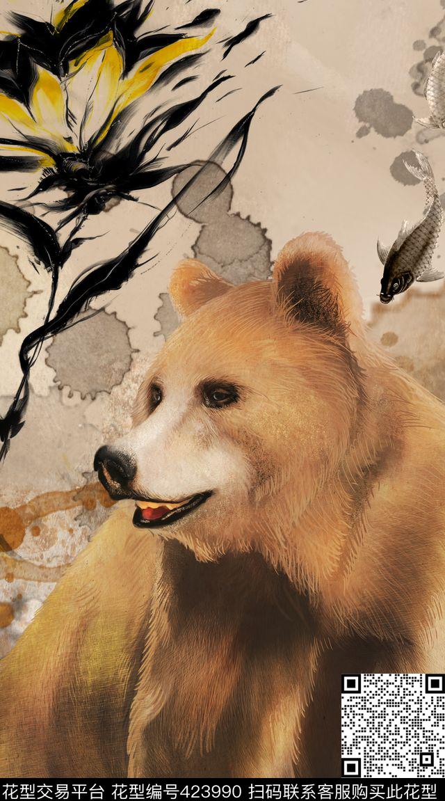 花卉灰熊手绘数码印花华亿平台下载（图片编号: 423990） - 瓦栏（Walan）