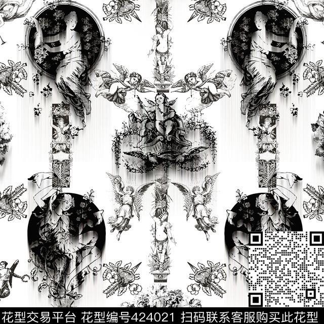 黑白简约神话人物数码印花华亿平台下载（图片编号: 424021） - 瓦栏（Walan）