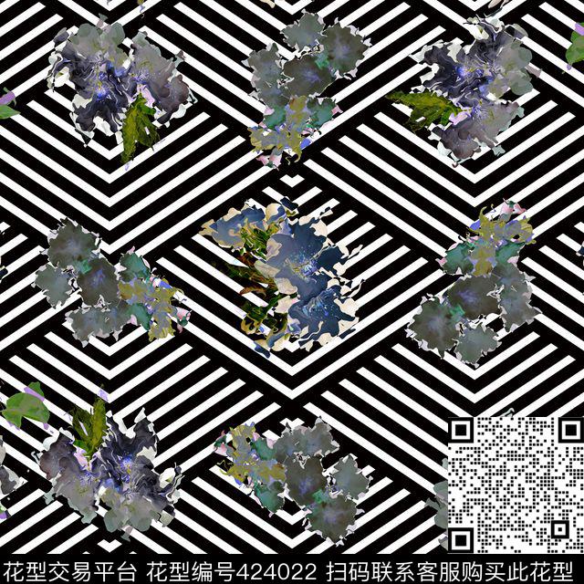 抽象黑白条纹数码印花华亿平台下载（图片编号: 424022） - 瓦栏（Walan）