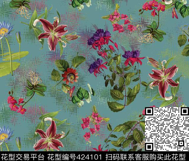 复古花卉手绘数码印花华亿平台下载（图片编号: 424101） - 瓦栏（Walan）