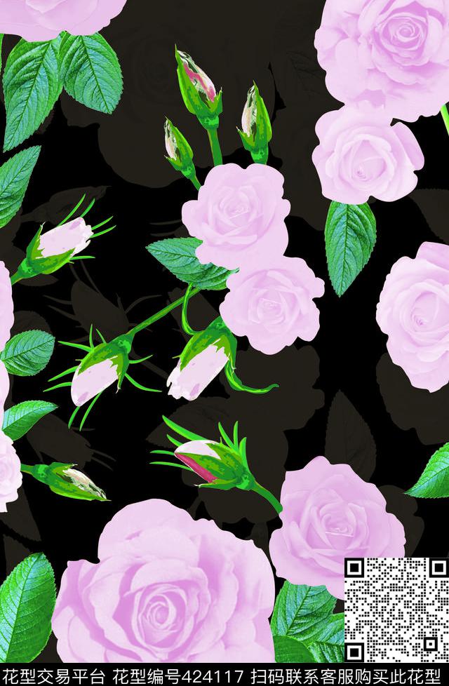 粉色玫瑰花循环数码印花华亿平台下载（图片编号: 424117） - 瓦栏（Walan）