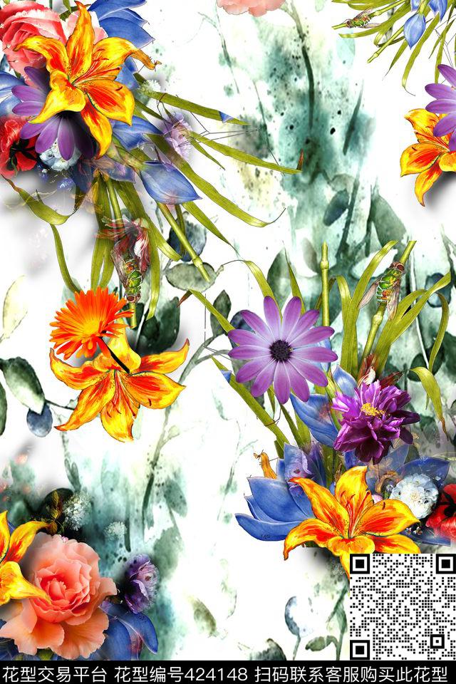 中国风花卉水墨画数码印花华亿平台下载（图片编号: 424148） - 瓦栏（Walan）