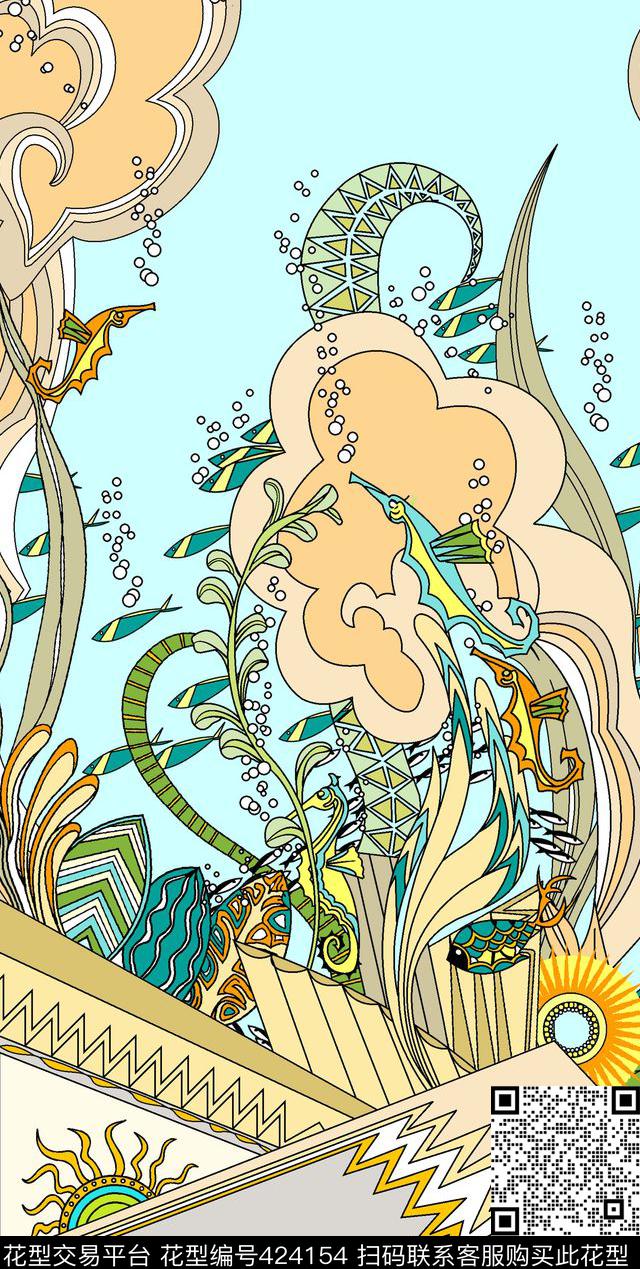 抽象海底风景几何拼接数码印花华亿平台下载（图片编号: 424154） - 瓦栏（Walan）