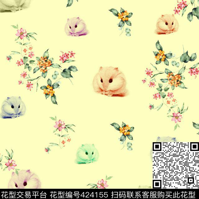 手绘小百合小仓鼠时尚淡雅色彩搭配数码印花华亿平台下载（图片编号: 424155） - 瓦栏（Walan）