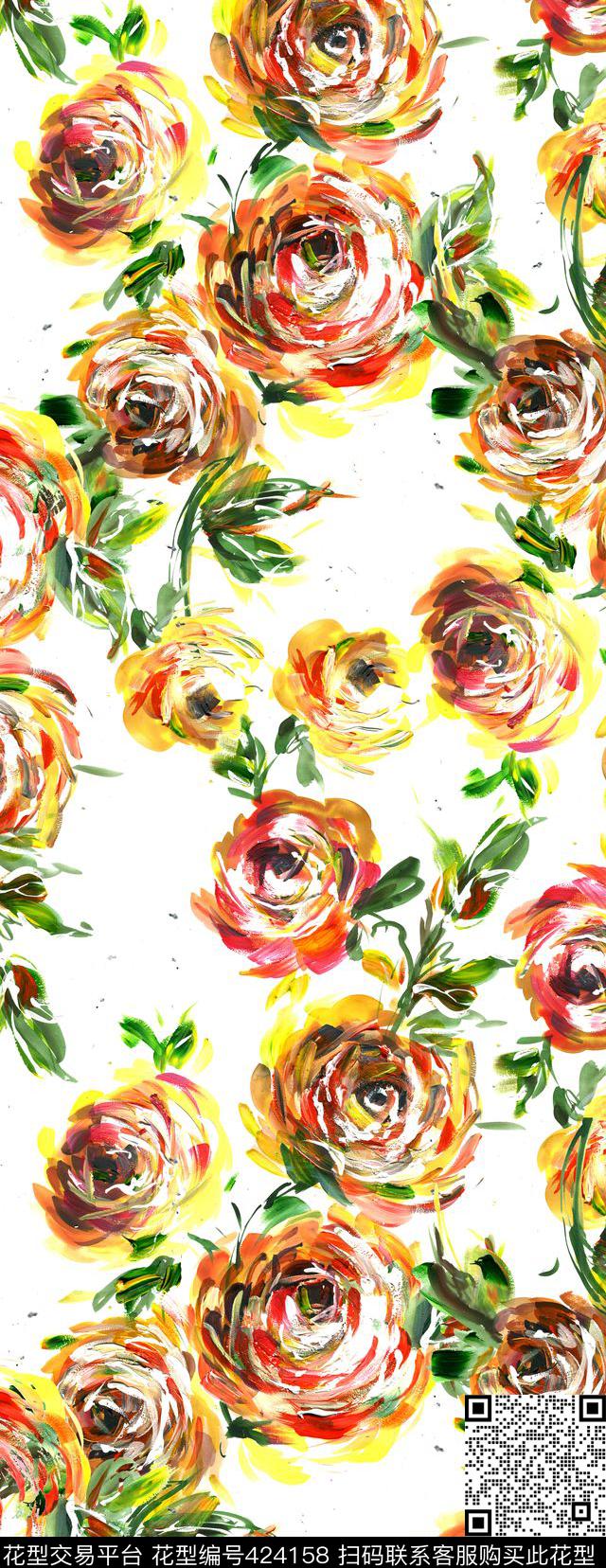 抽象花卉玫瑰数码印花华亿平台下载（图片编号: 424158） - 瓦栏（Walan）