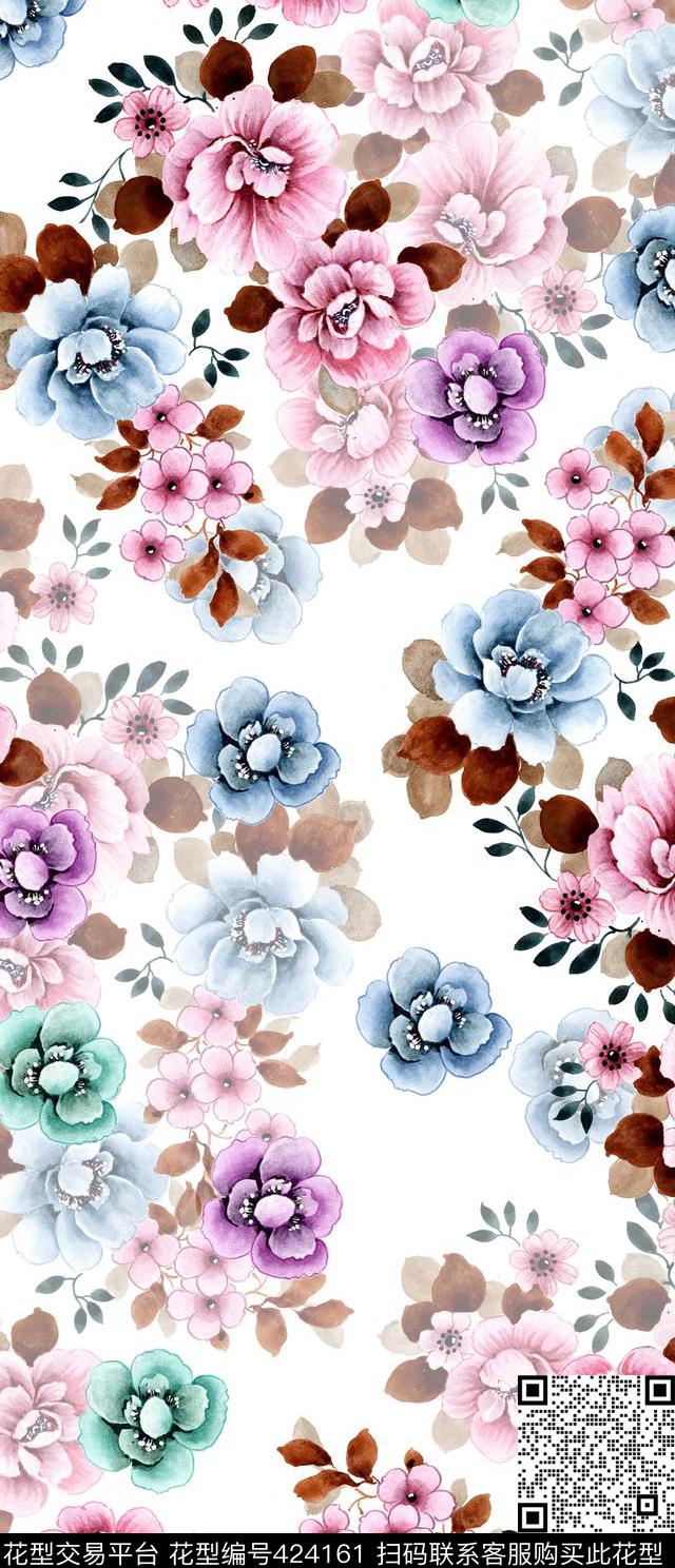花卉渐变七彩手绘数码印花华亿平台下载（图片编号: 424161） - 瓦栏（Walan）