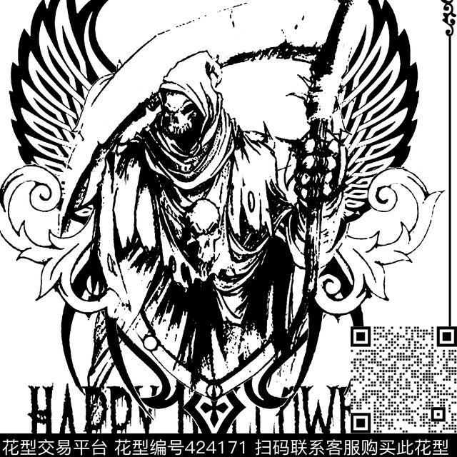 朋克死神涂鸦传统印花华亿平台下载（图片编号: 424171） - 瓦栏（Walan）