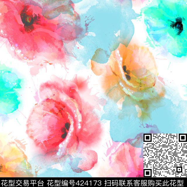 抽象花卉水彩传统印花华亿平台下载（图片编号: 424173） - 瓦栏（Walan）