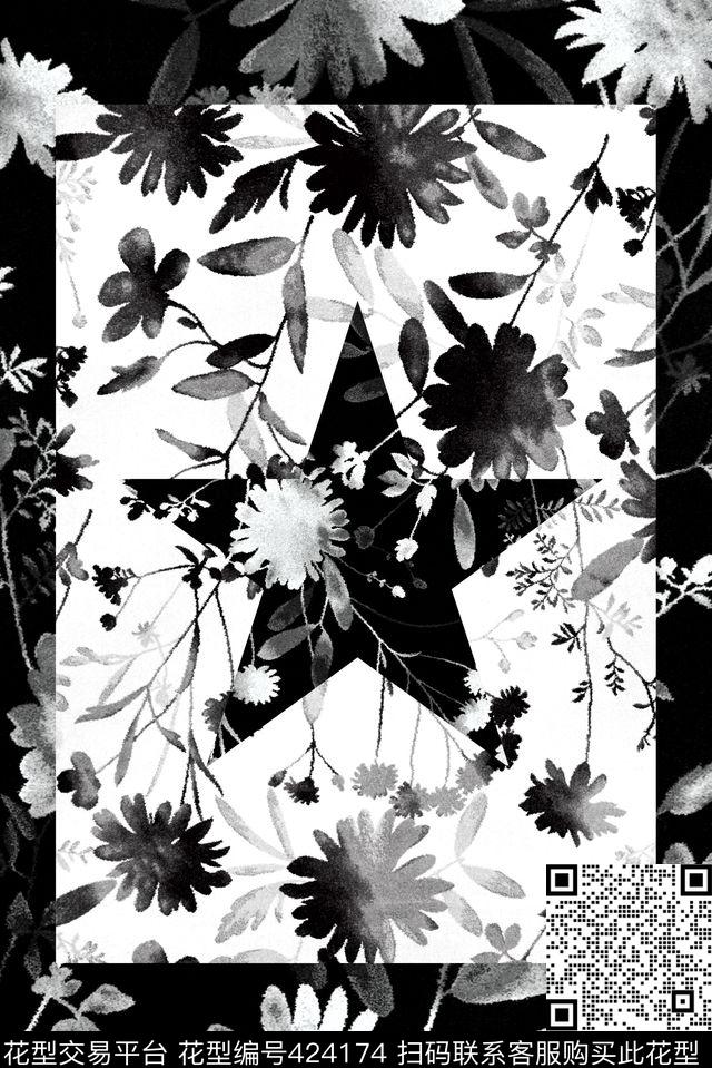 黑白花卉水墨传统印花华亿平台下载（图片编号: 424174） - 瓦栏（Walan）