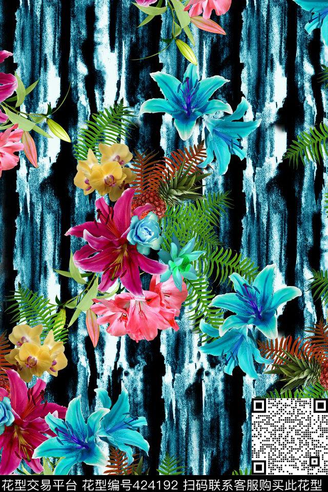 水彩线条热带水果花卉欧美女装数码印花华亿平台下载（图片编号: 424192） - 瓦栏（Walan）