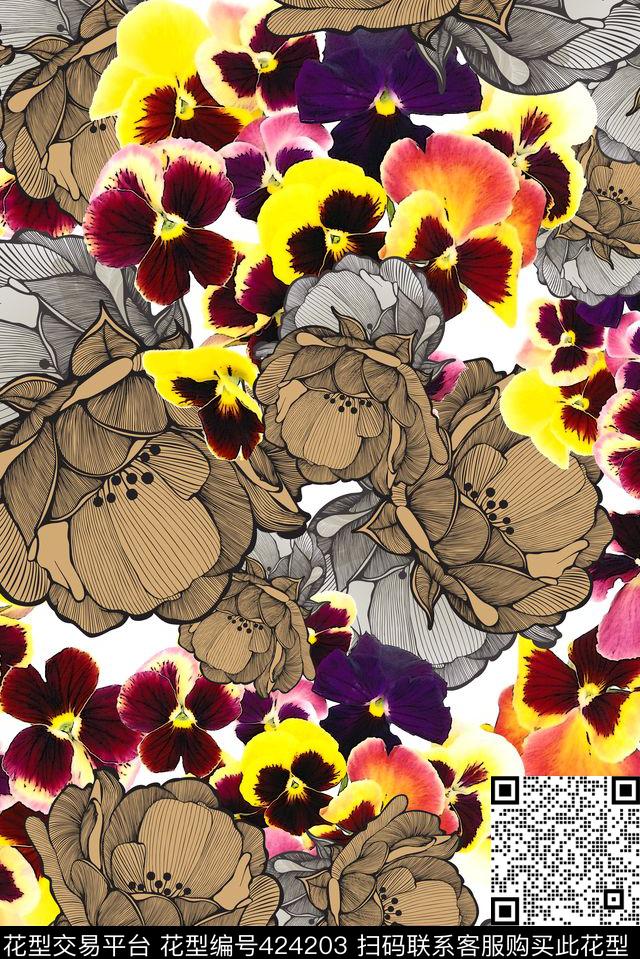 花卉花朵组合数码印花华亿平台下载（图片编号: 424203） - 瓦栏（Walan）